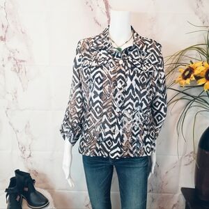 Ruby Rd. Animal Print Burnout Button Front Shirt Size 10 Brown White